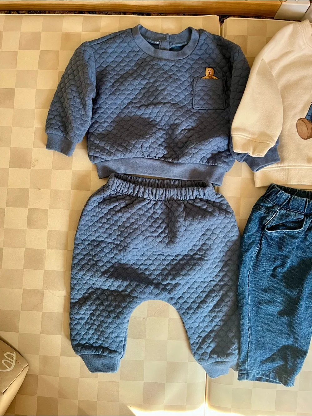 NWOT 3 Baby Gap matching sets - Blue sweatshirts, sweatpants, jeans, onesie